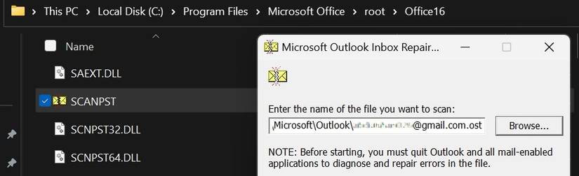 Click Start After Pasting the Path From the Error Window into the Inbox Repair Tool