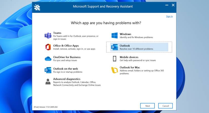 Click Next After Selecting Outlook From the List of Apps in the Microsoft Support and Recovery Assistant Window