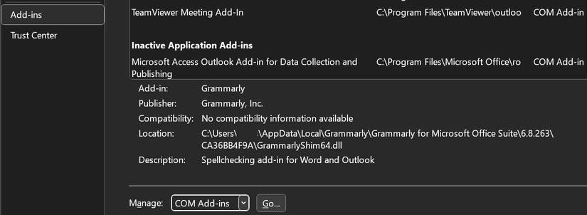 Click on the Go Button After Selecting the COM Add-ins Option From the Manage Dropdown Menu in Outlook