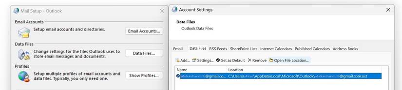 Click the Open File Location Button After Selecting the OST File in the Data Files Tab