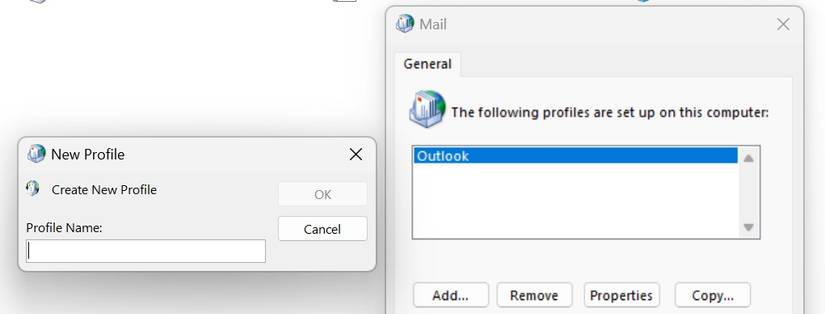 Click on the Add Button in the Show Profiles Menu in Mail Microsoft Outlook Settings in the Windows Control Panel