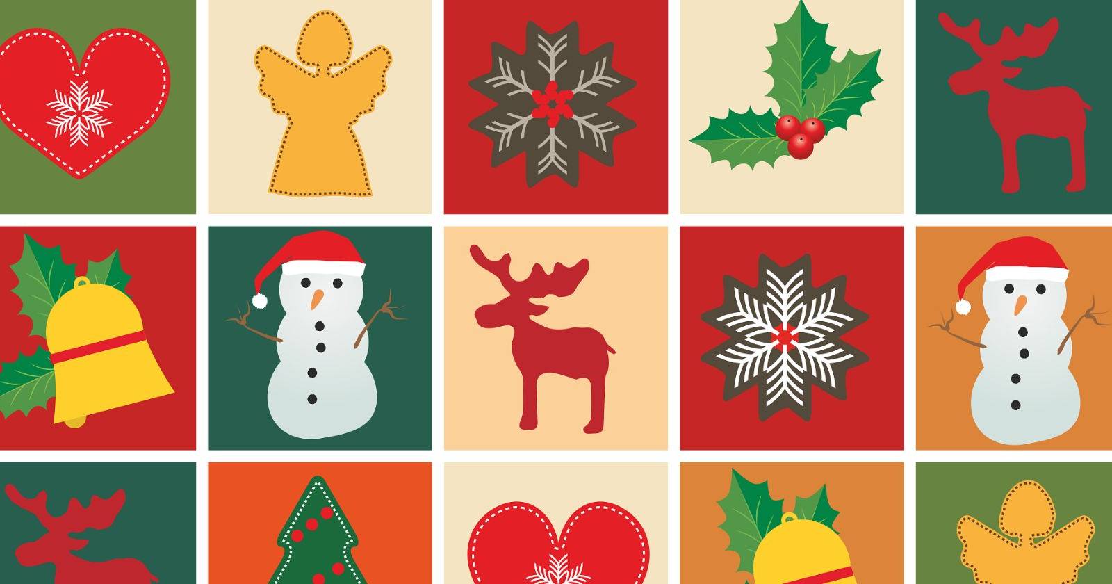 Collage image of Christmas items including snowmen, reindeer, and holly.