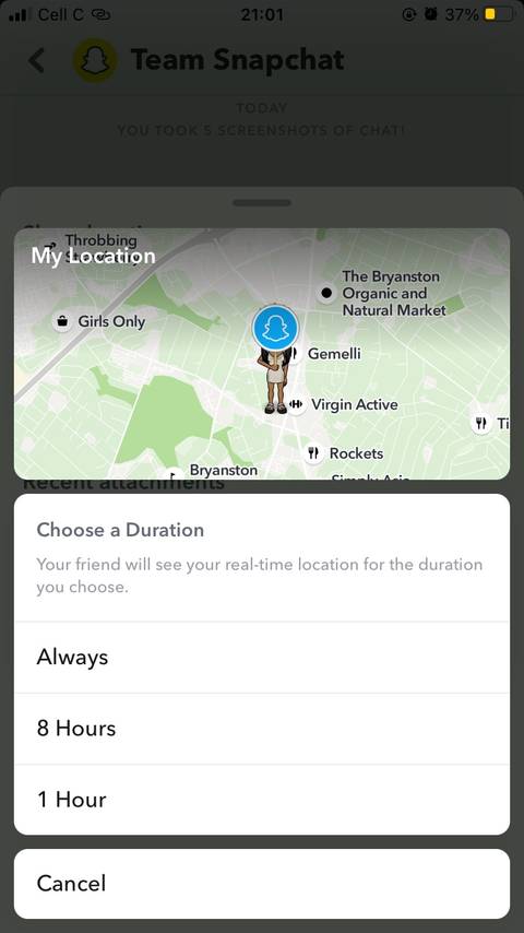 duration options for live location sharing on Snapchat