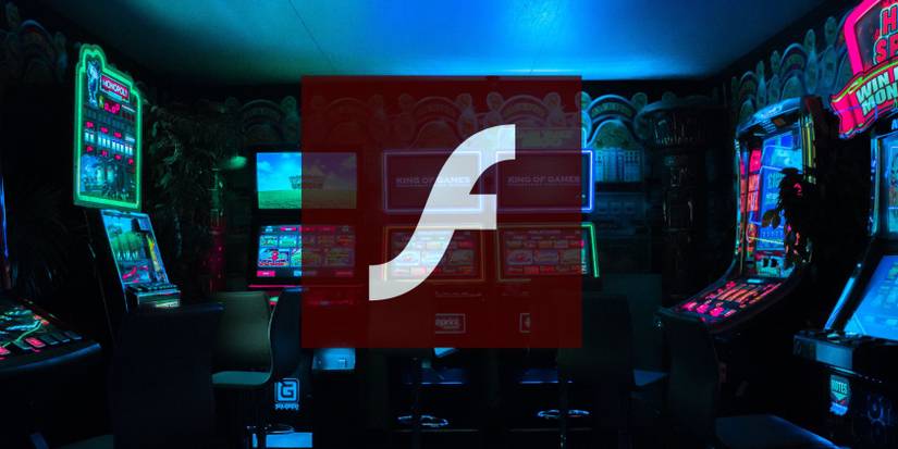 dark arcade room with adobe flash logo in front