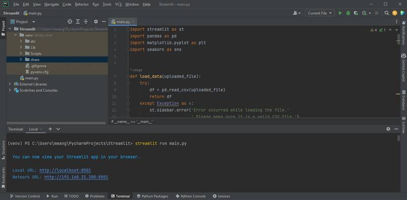 URLs generated by Streamlit on the terminal in Pycharm IDE