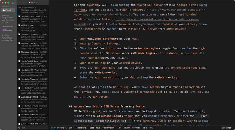 iA Writer with a markdown document opened on Mac