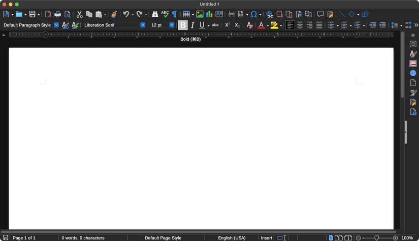 LibreOffice Writer on macOS with a new blank document opened