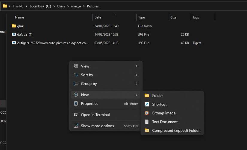 The New > Folder options