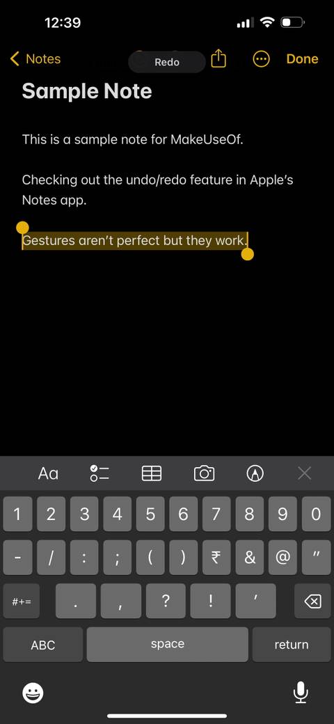 Notes app Redo with gesture