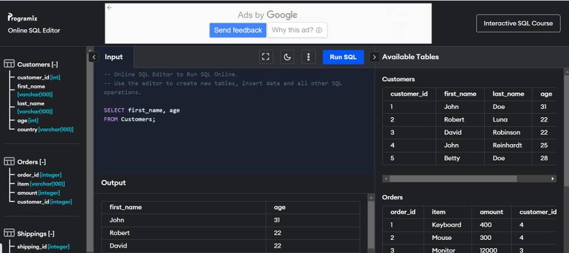 Running queries on Programiz online editor