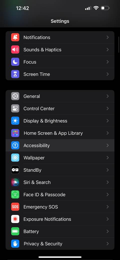 Settings app in iOS with Accessibility highlighted