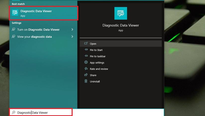 Using the Windows search to find the diagnostic data viewer