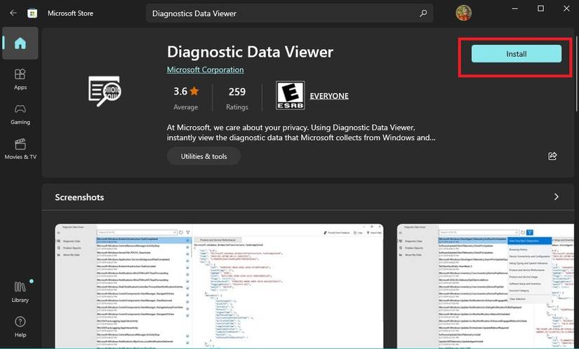 Downloading the Windows Diagnostics Data Viewer app from the Microsoft Store