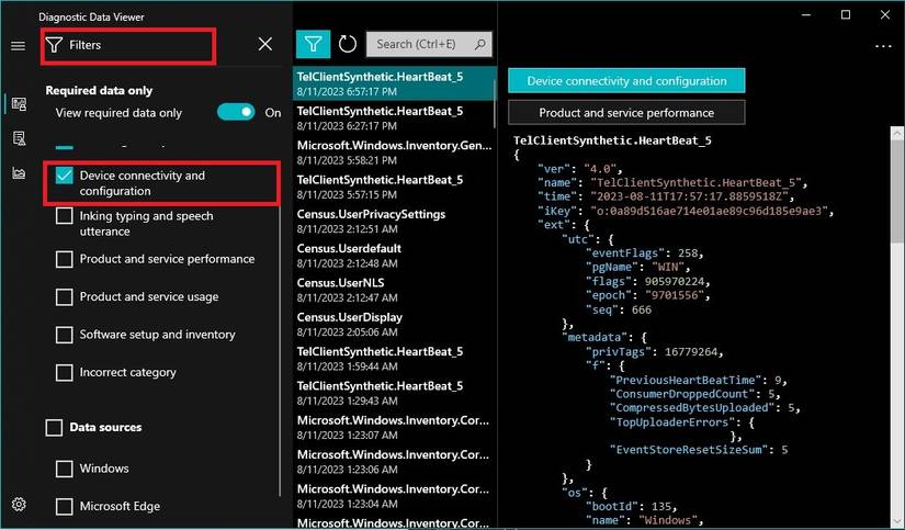 Clicking on the filter icon to select events on connectivity and configuration