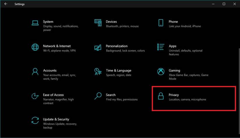 Navigating to the Privacy option within the Settings window