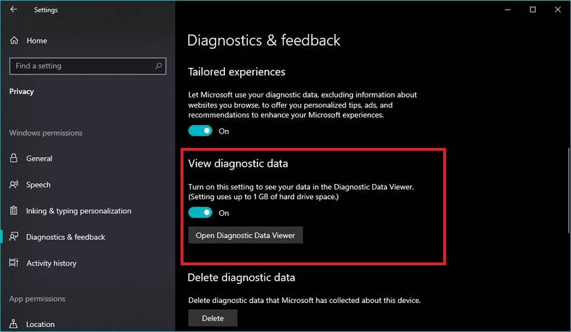 Toggle on the option to see your data in the Diagnostic Data Viewer