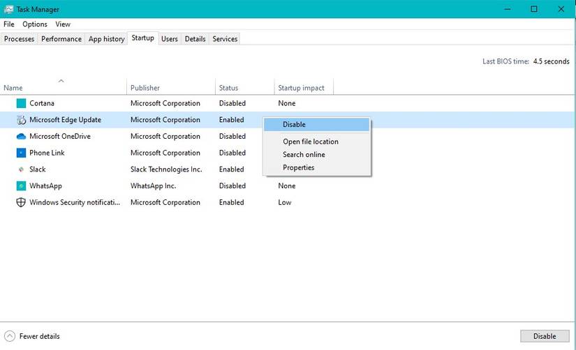 Disabling startup applications from the task manager