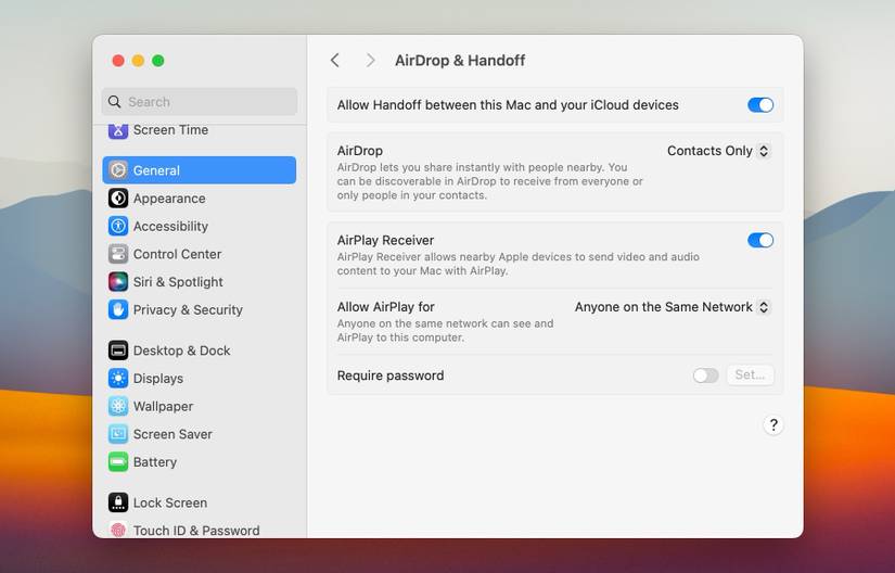 AirDrop & Handoff options under General settings in macOS