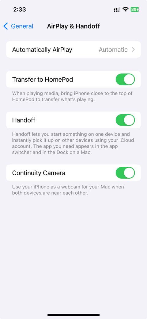 AirPlay & Handoff options under General settings in iOS