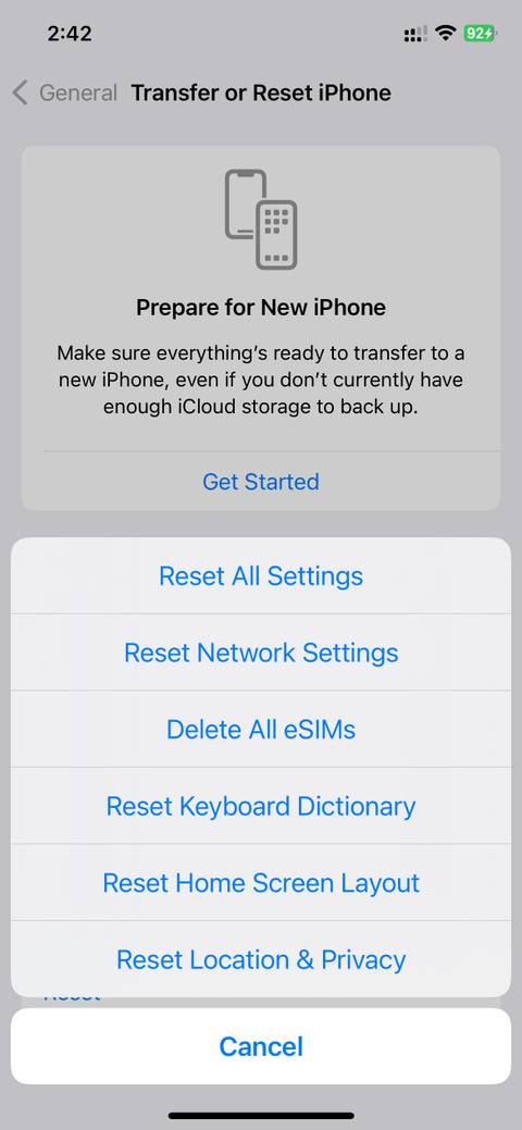 All settings Reset options in iOS