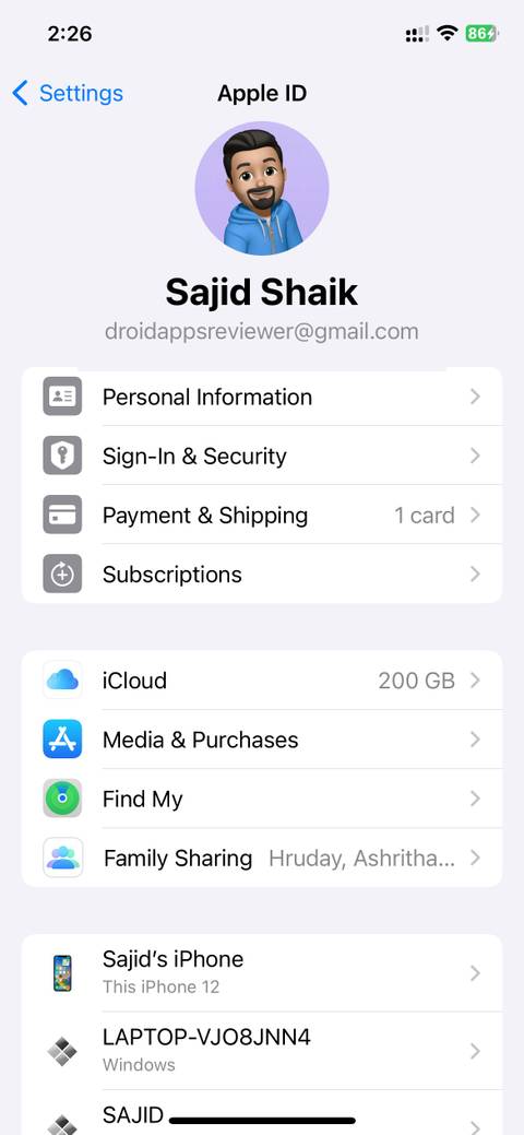 Apple ID settings on iPhone
