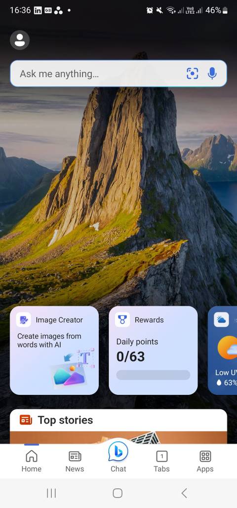 bing app home screen