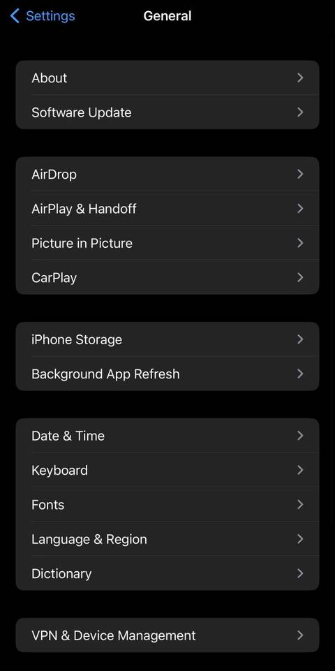 screenshot of iphone general settings