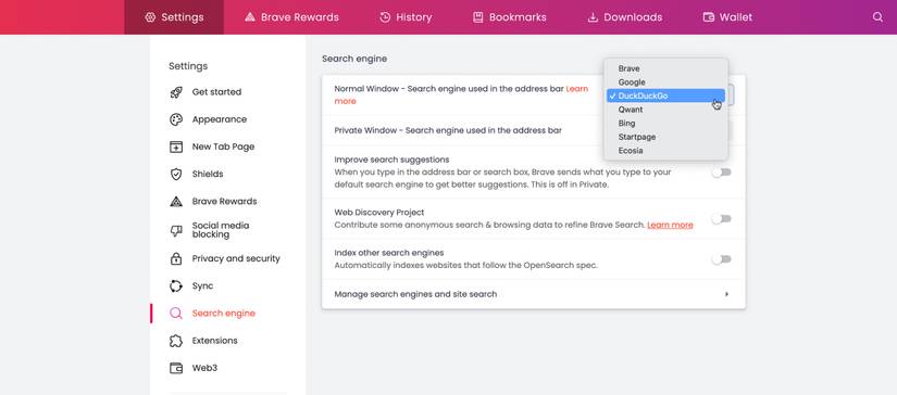Choosing a different search engine through Brave's Settings