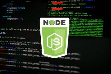 Image of Node.js logo on a background displaying a computer screen with lines of code and a running terminal window