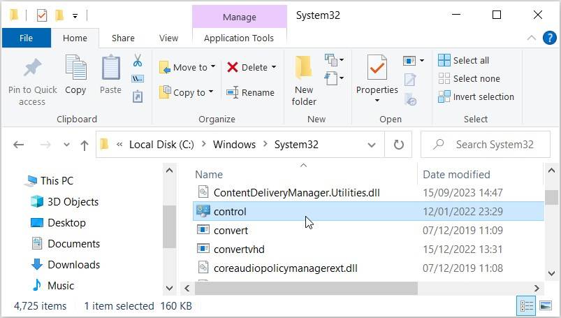 Clicking the control option in the System32 Folder