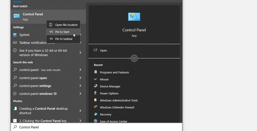Clicking the Pin to taskbar option