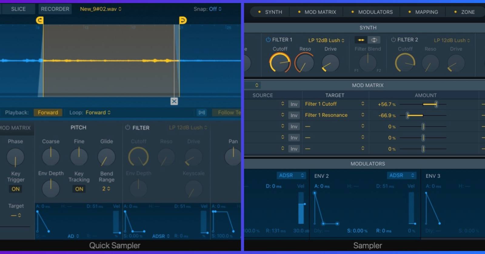 Интерфейсы Quick Sampler (слева) и Sampler (справа) в Logic Pro — обзор интерфейсов и сравнение