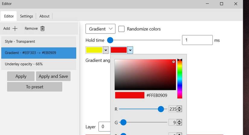 A color palette in Rainbow Taskbar