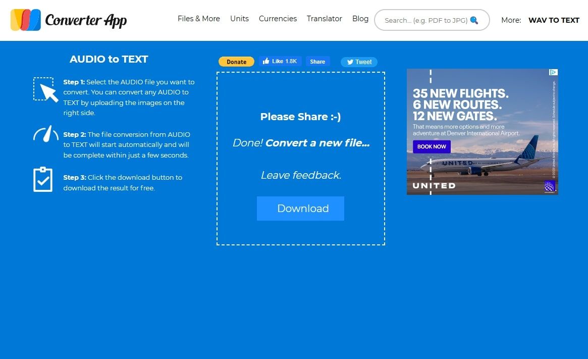 Pronto para baixar o arquivo convertido de áudio em texto no aplicativo Converter
