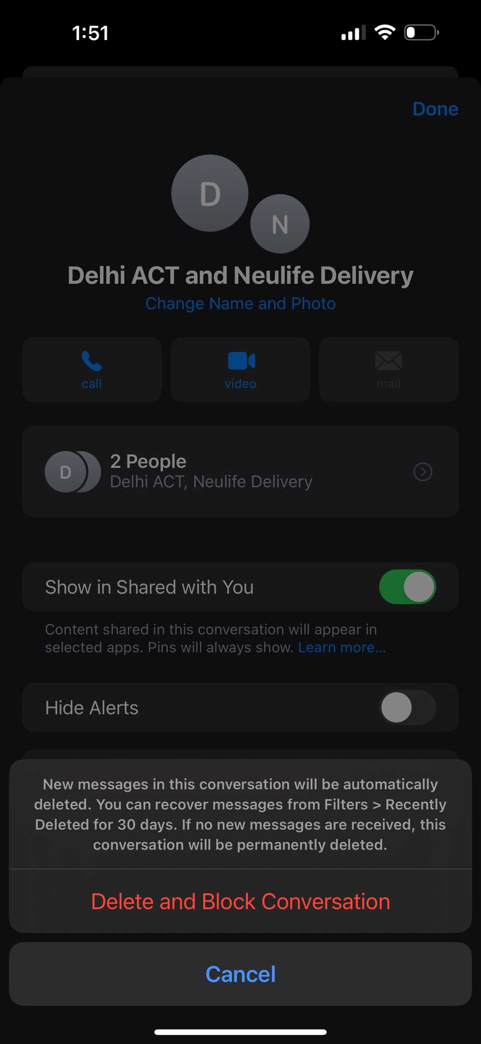 deleting and blocking an SMS group in Messages