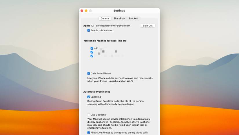 FaceTime Settings on Mac