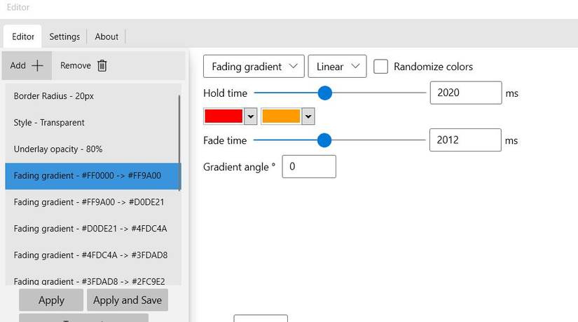 The Hold time setting for a fading gradient 