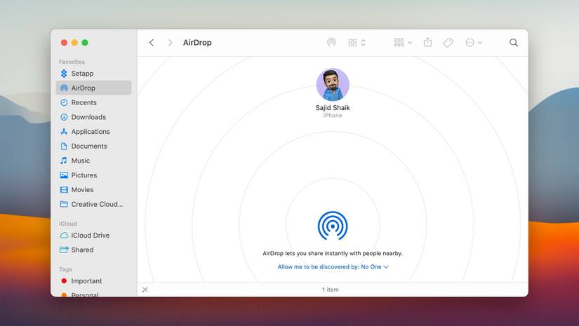 Finder in macOS showing AirDrop screen with discovery option set to No One