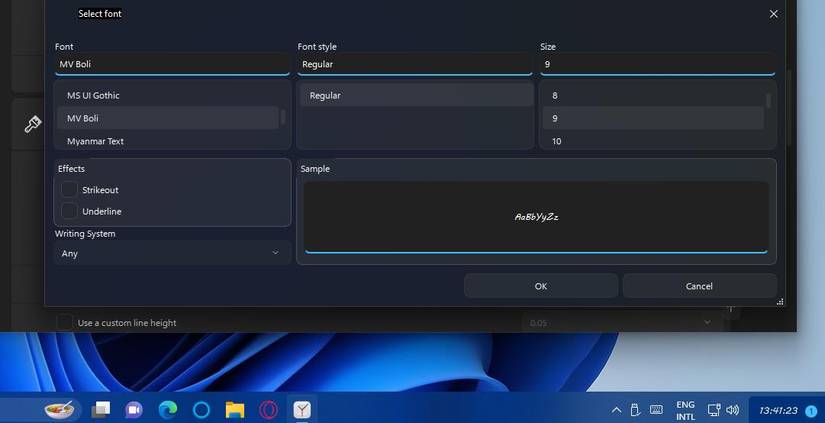 The font selection settings 