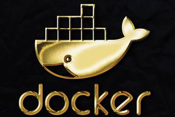 Golden docker logo on a black background