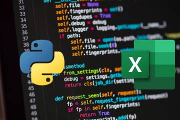 Python and Excel logos overlayed on a computer screen containing Python code