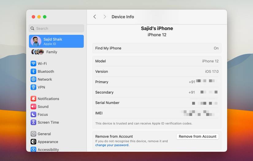 iCloud Connected Device Info from Apple ID settings on Mac