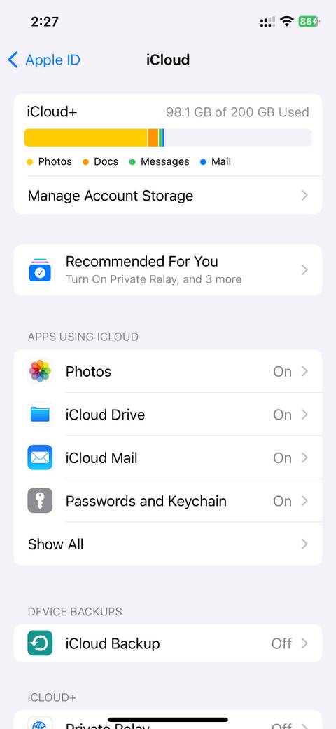 iCloud options under Apple ID settings on iPhone