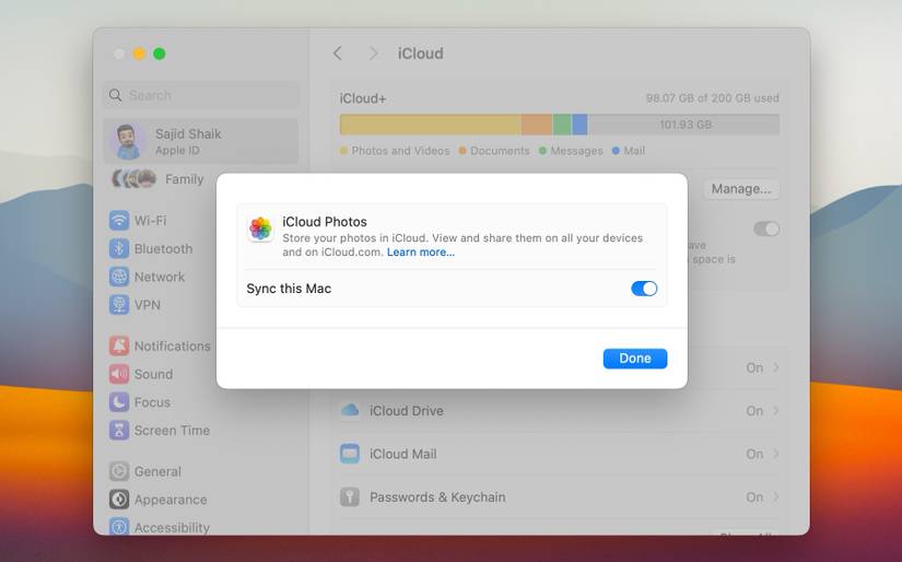 iCloud Photos with Sync this Mac option in System Settings on Mac