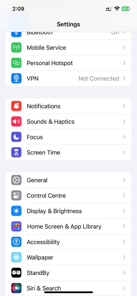 iPhone Settings page