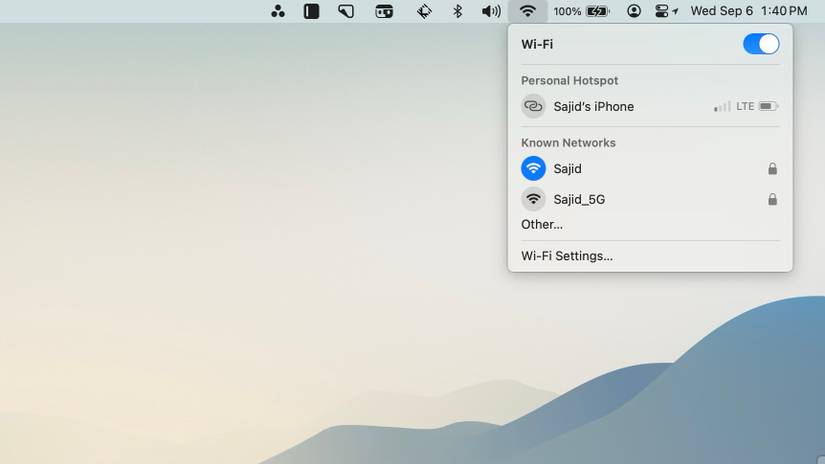 Personal Hotspot in the Wi-Fi menu on Mac