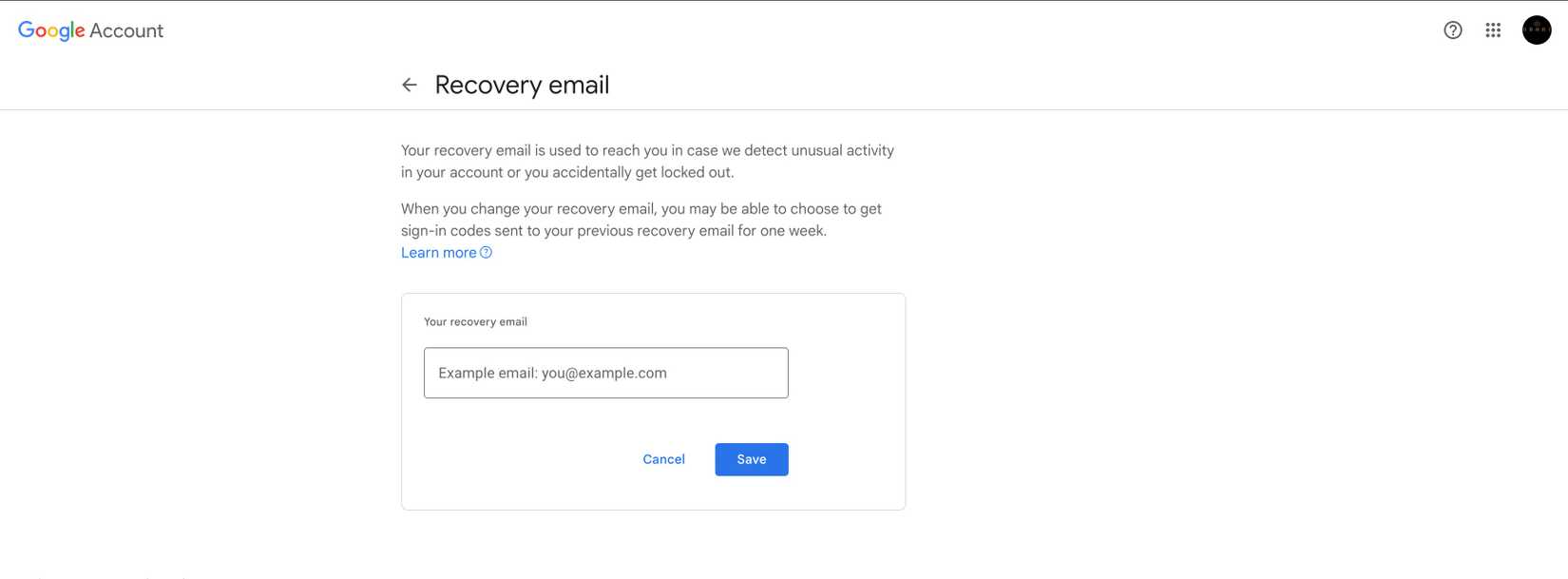 Recovery email input box in the Google Account