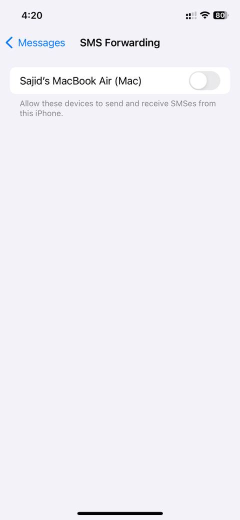 SMS forwarding screen under Messages settings in iOS