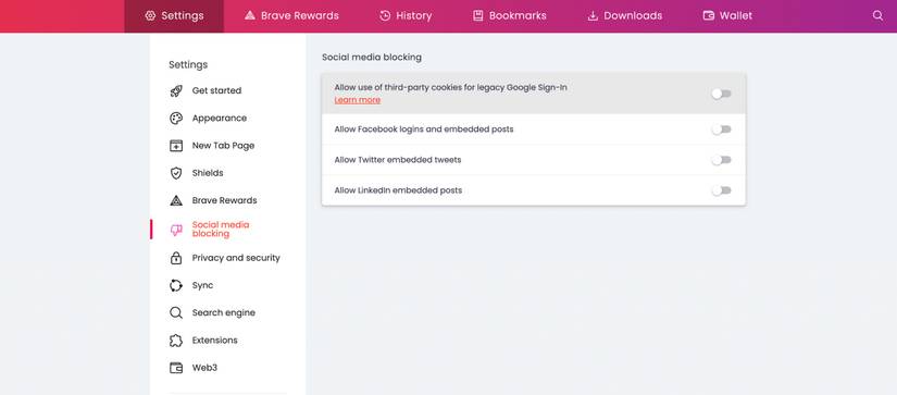 Social media blocking on Brave to disable embedded posts and sign-ins