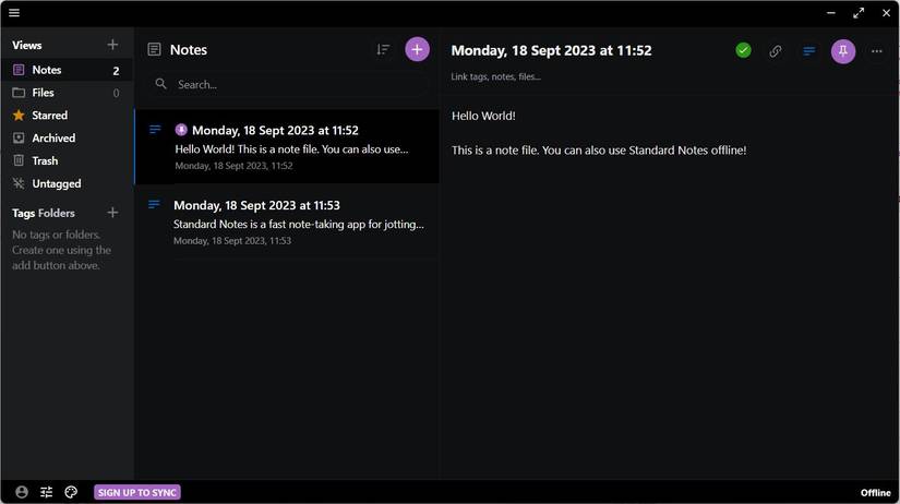 Standard Notes main interface